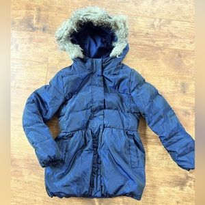 Gap Girls Warmest Iridescent Blue Fur Hood Down Puffer Jacket size 8